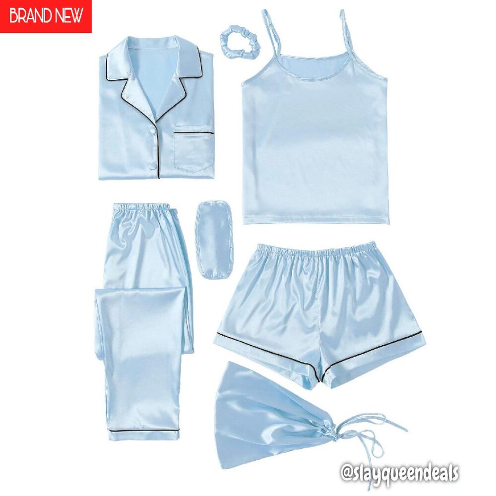 Silk Satin 7-Piece Pajama Set With Cami, Shirt, Pants, Eye Mask